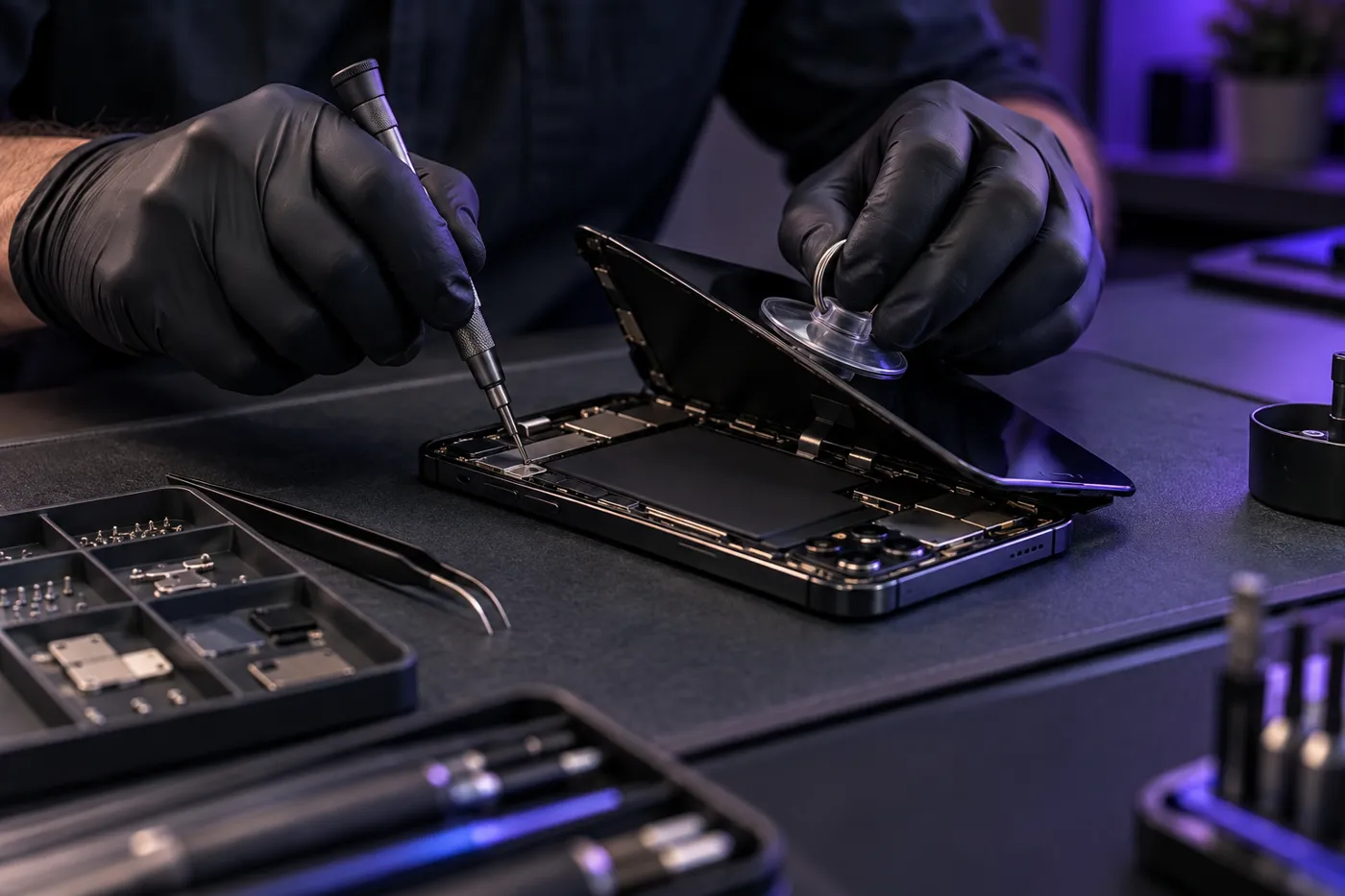 Técnico reparando un celular en el banco de trabajo