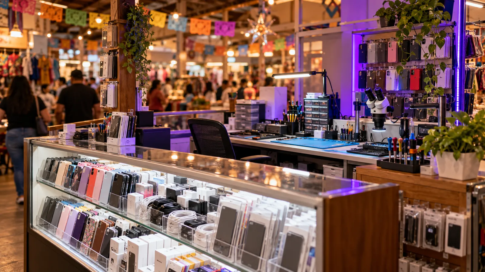 Puesto de reparación de celulares dentro del mercado